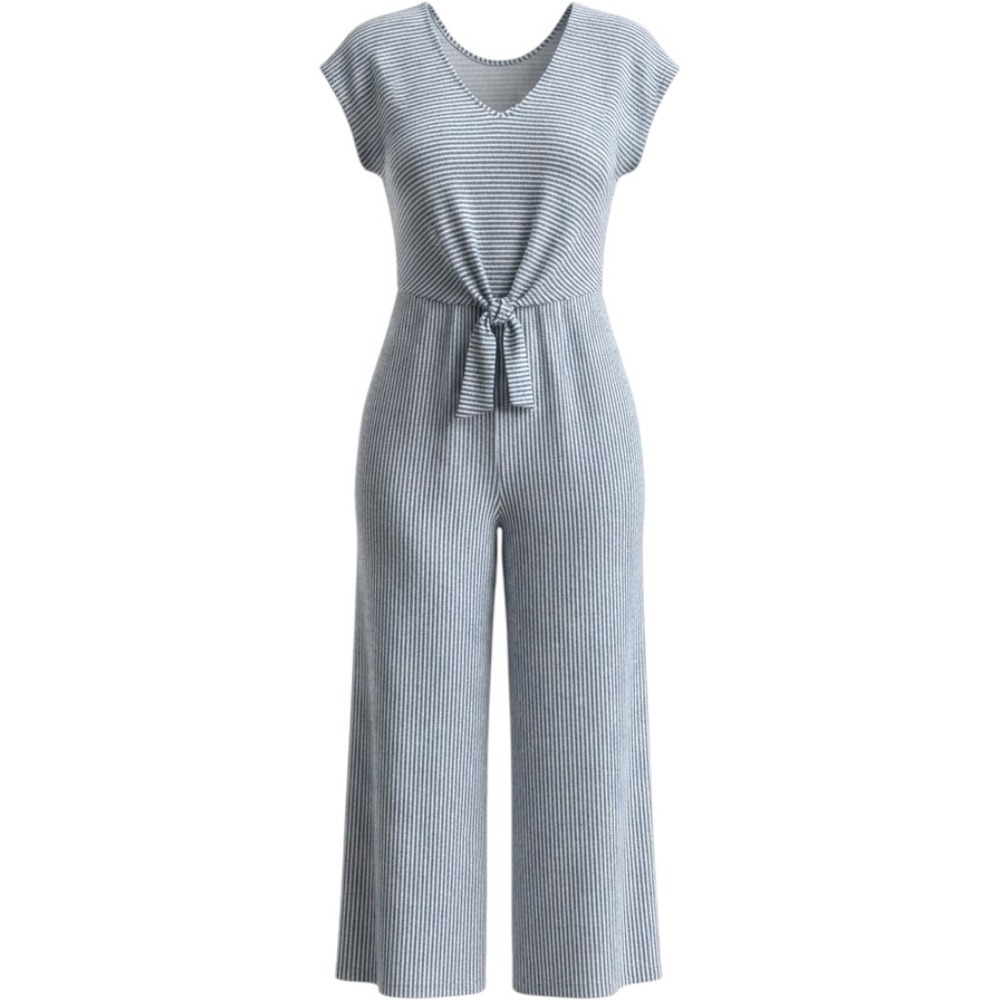 Caution to the Wind Jumpsuit Womens Grey White Striped Tie Front Wide Leg